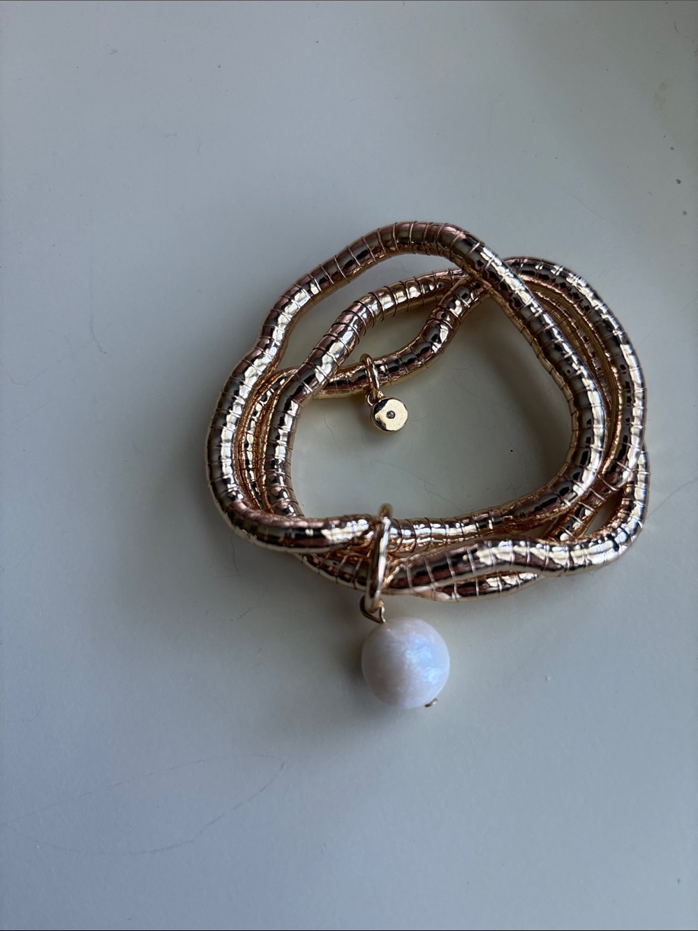 Gold-Tone Multi-Strand Bracelet with White Pearl Charm - stretchy-
